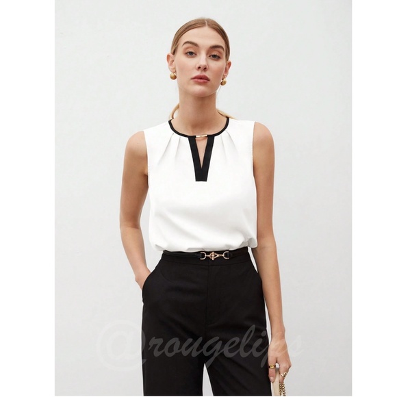 White Sleeveless Blouse Top Black V-Neck Trim Gold Embellishment Detail - Picture 10 of 11